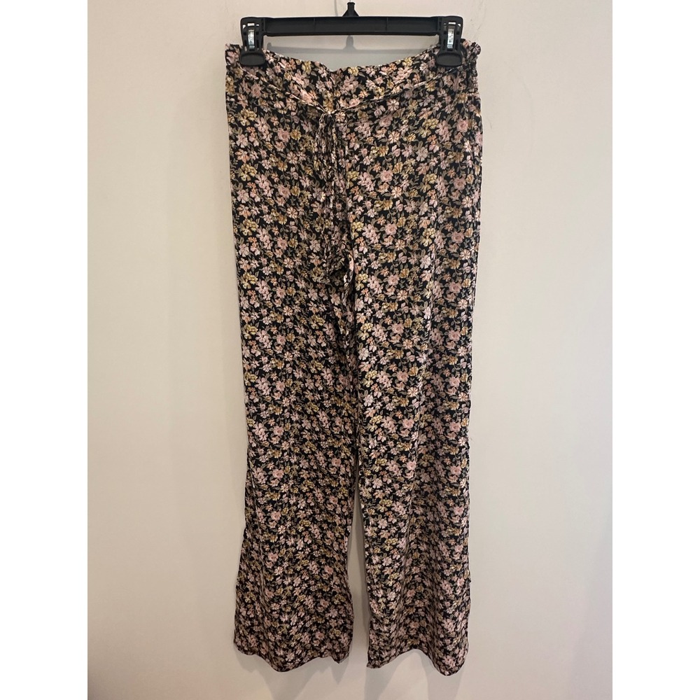 A. Byer Womens Floral Wide Leg Pants Black Pink Yellow Cottagecore Size Medium